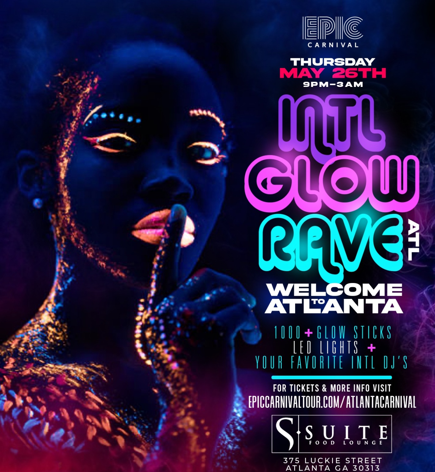 INTL GLOW RAVE TO ATLANTA CARNIVAL at SUITE ROOF TOP, May 26