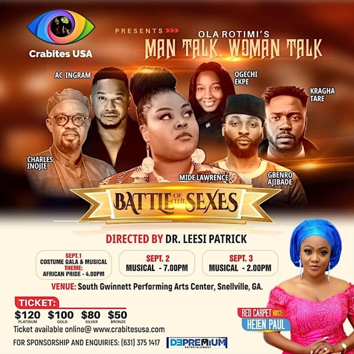 MAN TALK, WOMAN TALK: Battle of the sexes. A Nigerian Musical at South  Gwinnett Performing Arts Center, Snellville GA, Sep 01, 2023