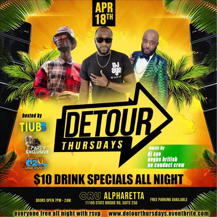 Detour Thursdays: #1 Caribbean Party on a Thursday ($10 Drinks All Night)